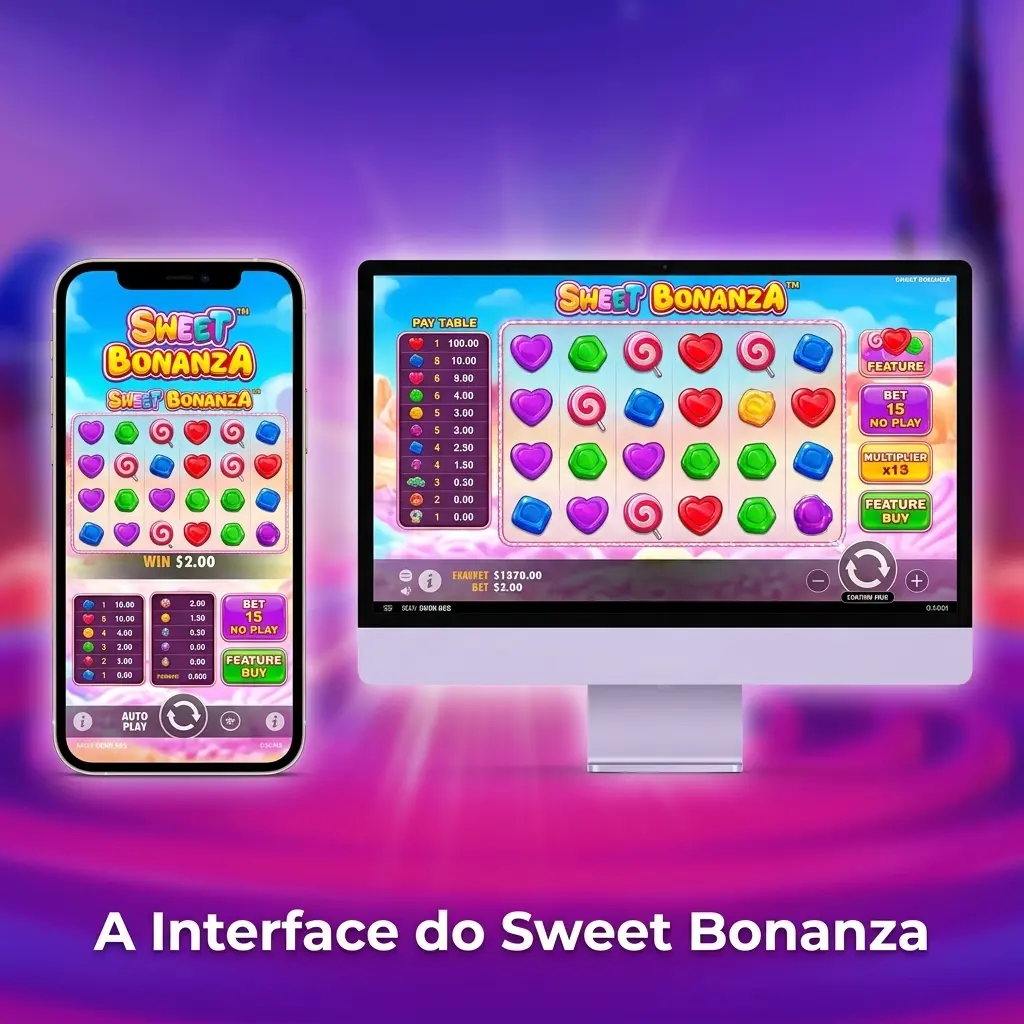 Interface colorida do Sweet Bonanza com grade 6x5 de frutas e doces, controles na parte inferior da tela